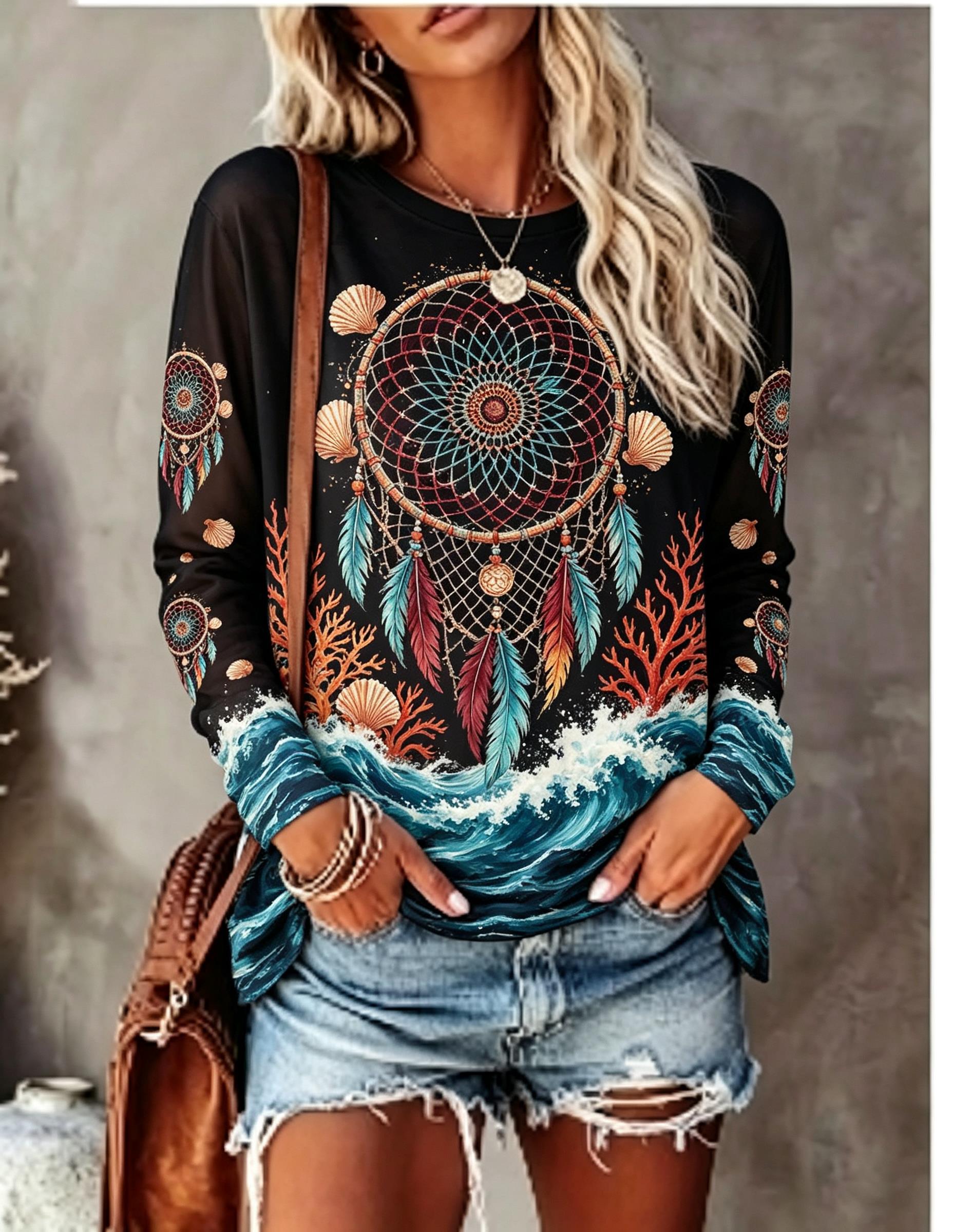Shelly - Damen-T-Shirt mit Rundhalsausschnitt und langen Ärmeln,